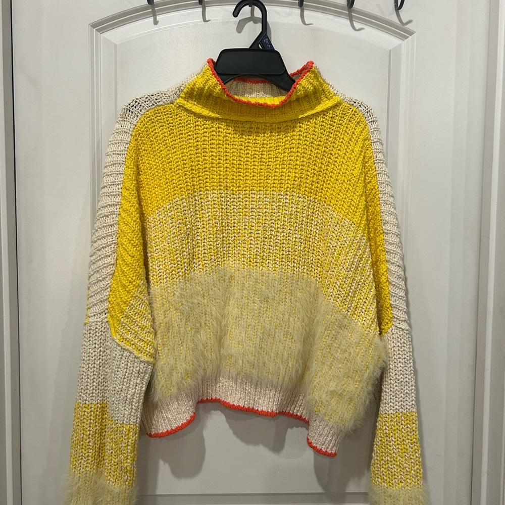 Free People Yellow and Cream Cowl Neck Sweater